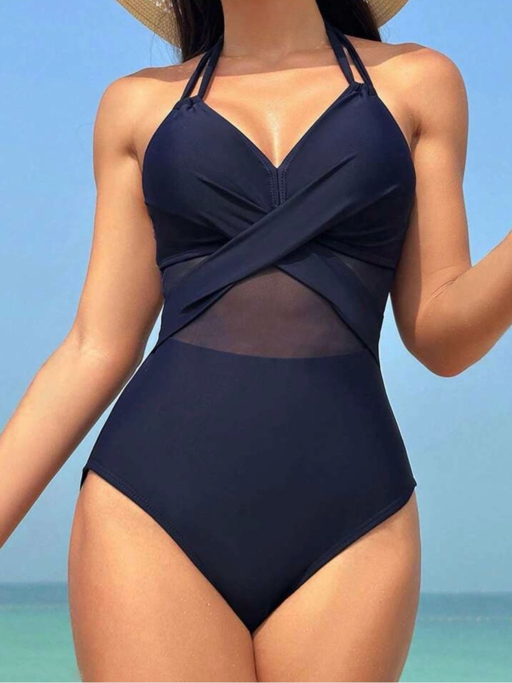 Navy Blue Crisscross Halter One-Piece Swimsuit
